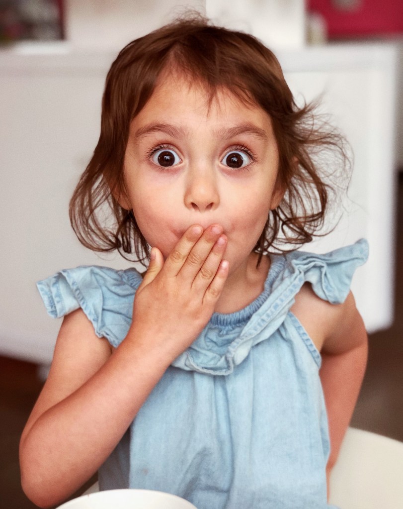 Photograph of a young girl with brown hair covering her mouth with her hand and an expression of shock